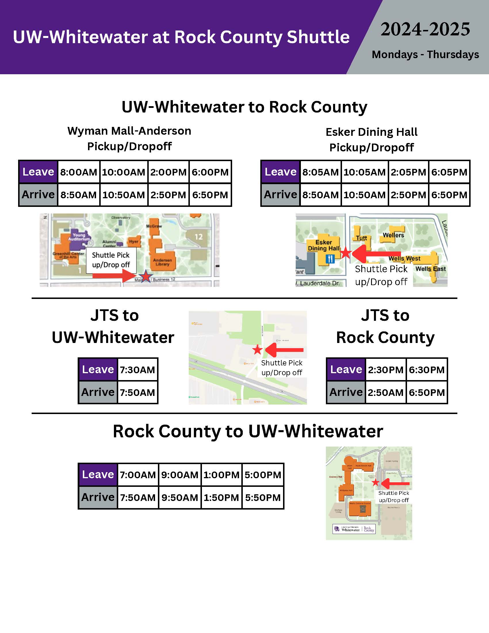 Schedule for UW-Whitewater shuttle bus