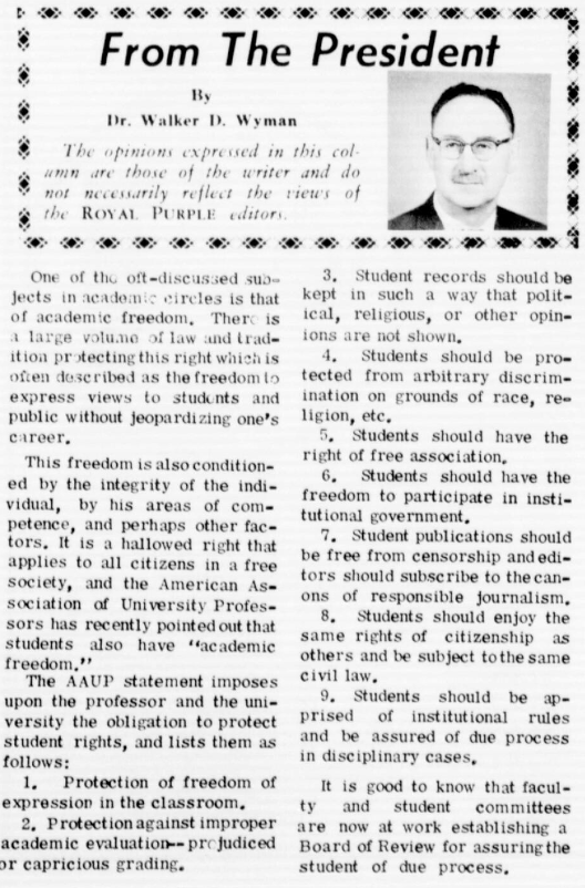 Clipping of a "From the President" newspaper article with Dr. Walker D. Wyman's photo contained.
