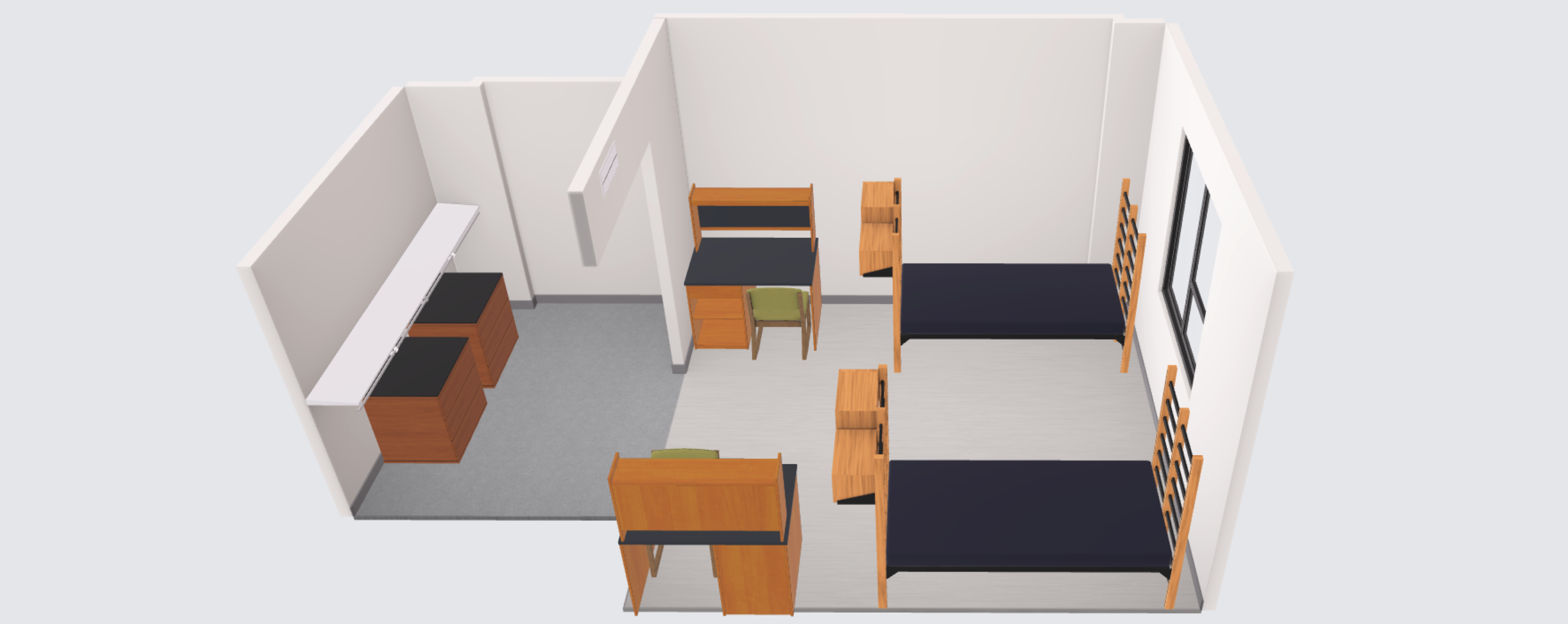 A virtual image shows a square room with two sets of shelves, two desks with chairs, two beds, and a window.