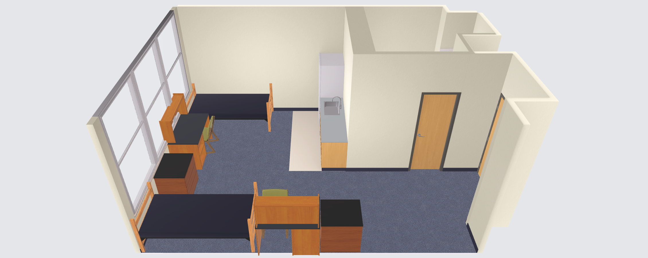 A virtual image shows a square room with two sets of shelves, two desks with chairs, two beds, and a window.