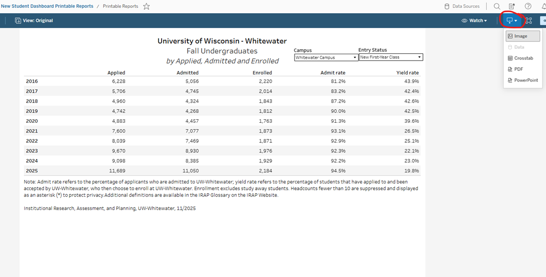 Dashboard report with download icon circled