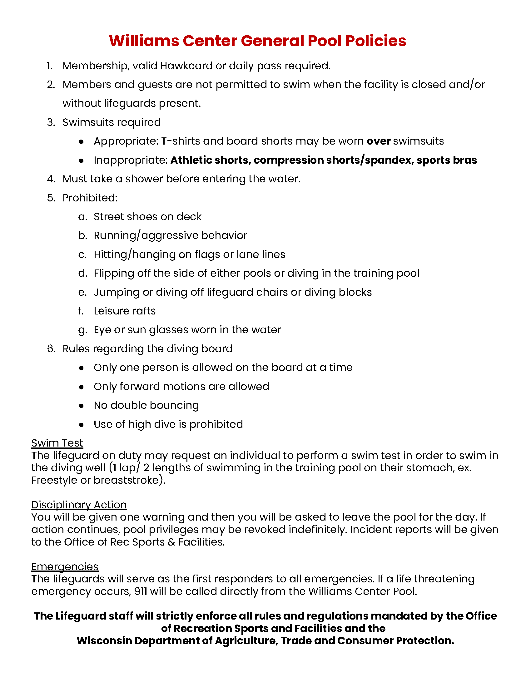 Williams Center Pool Policies