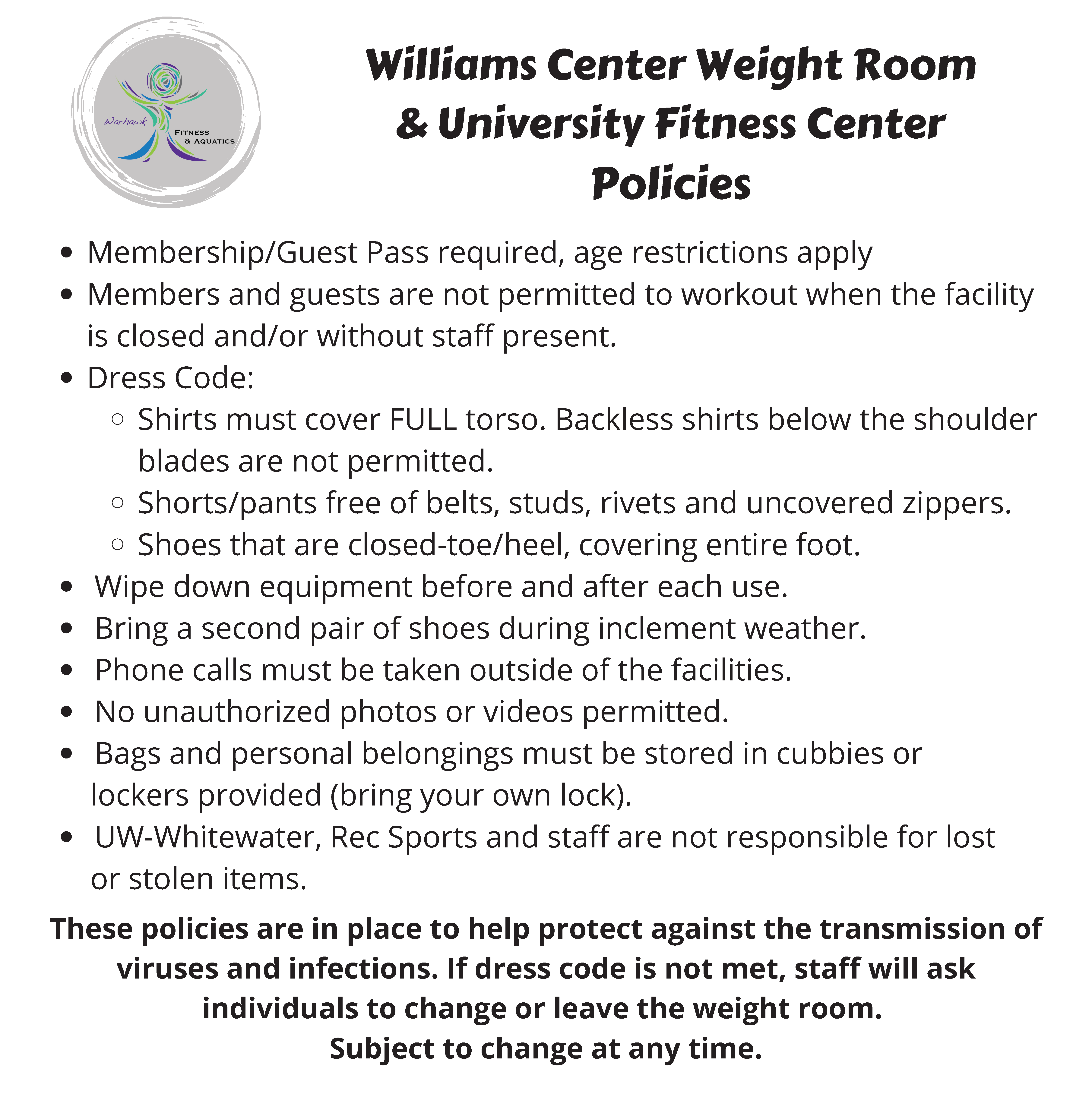 Williams Center Weight Room and University Fitness Policies