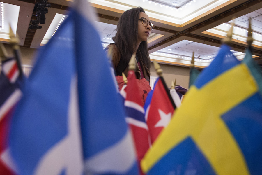 A person stands near several mini flags from around the world.