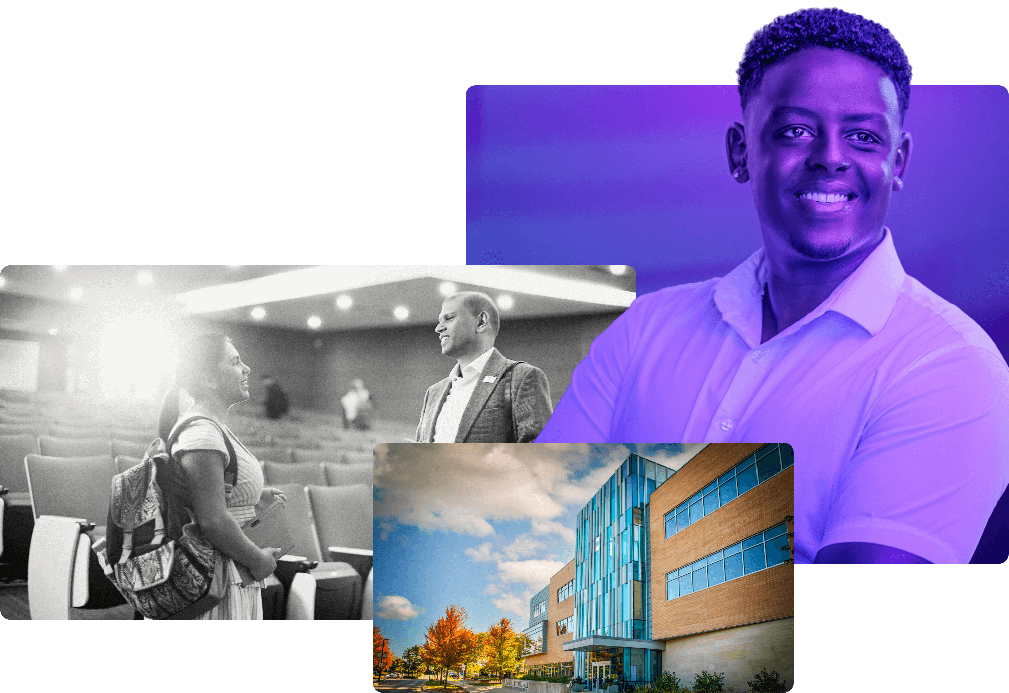 A compilation of three photos: a person with a purple overlay smiling, a black and white two people talking, and a photo of Hyland Hall.