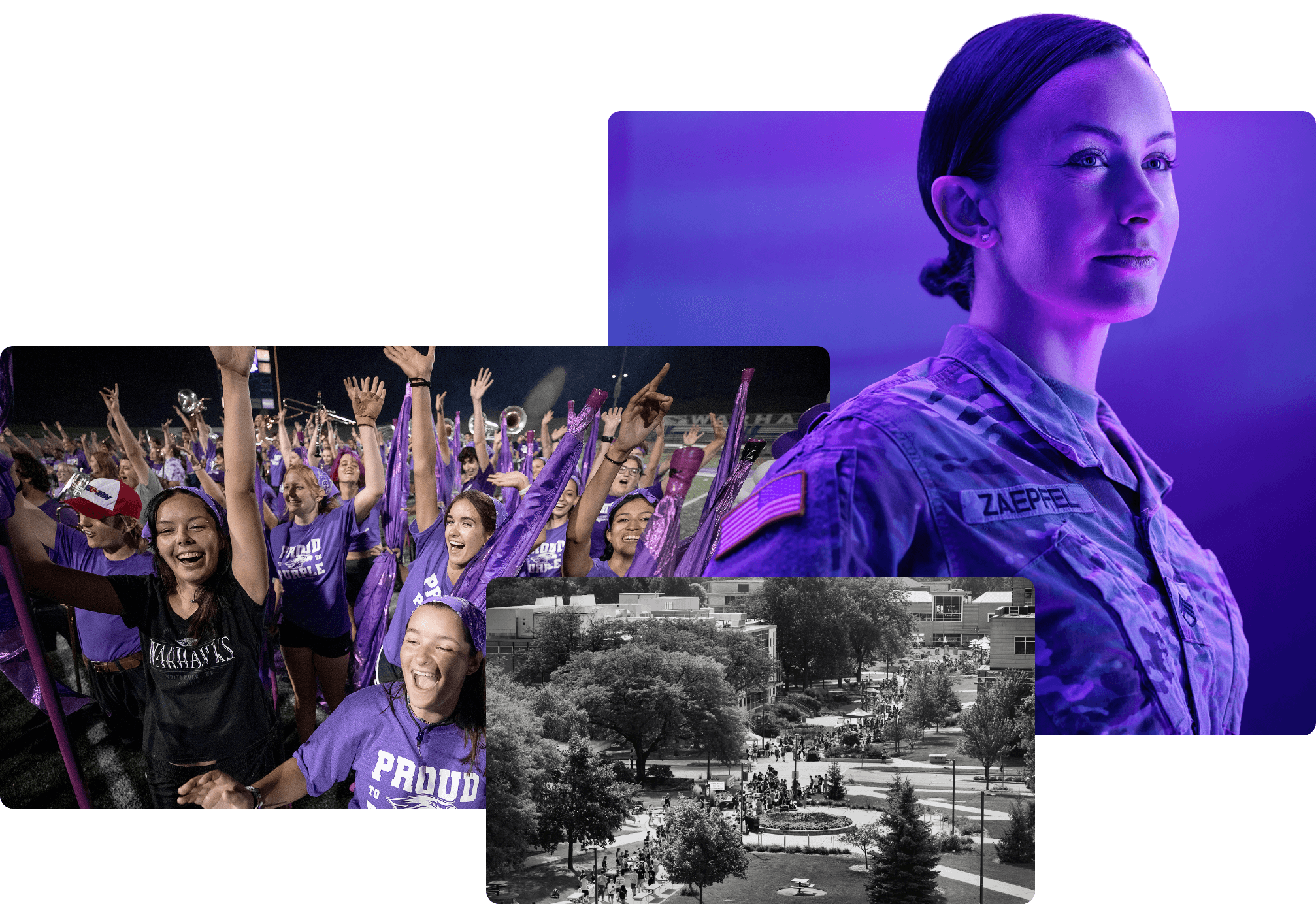 A compilation of three photos: a person with a purple overlay smiling, a black and white arial photo of campus, and a group of students cheering.