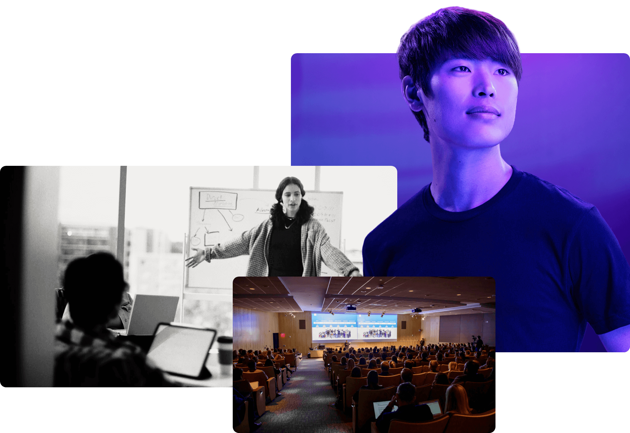 A compilation of three photos: a person with a purple overlay smiling, a black and white photo of a faculty member teaching at a whiteboard, and a photo of people in an auditorium.