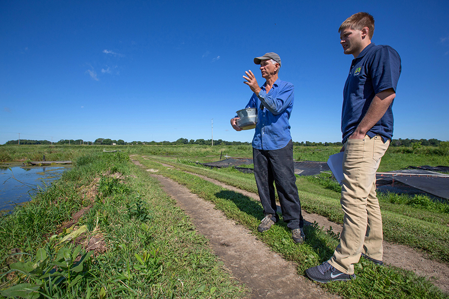 Two people stand in a field with a small body of water.