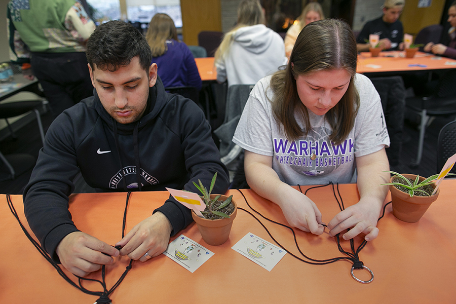 Two students sit at a table and assemble macrame plant hangers with succulents in small pots.