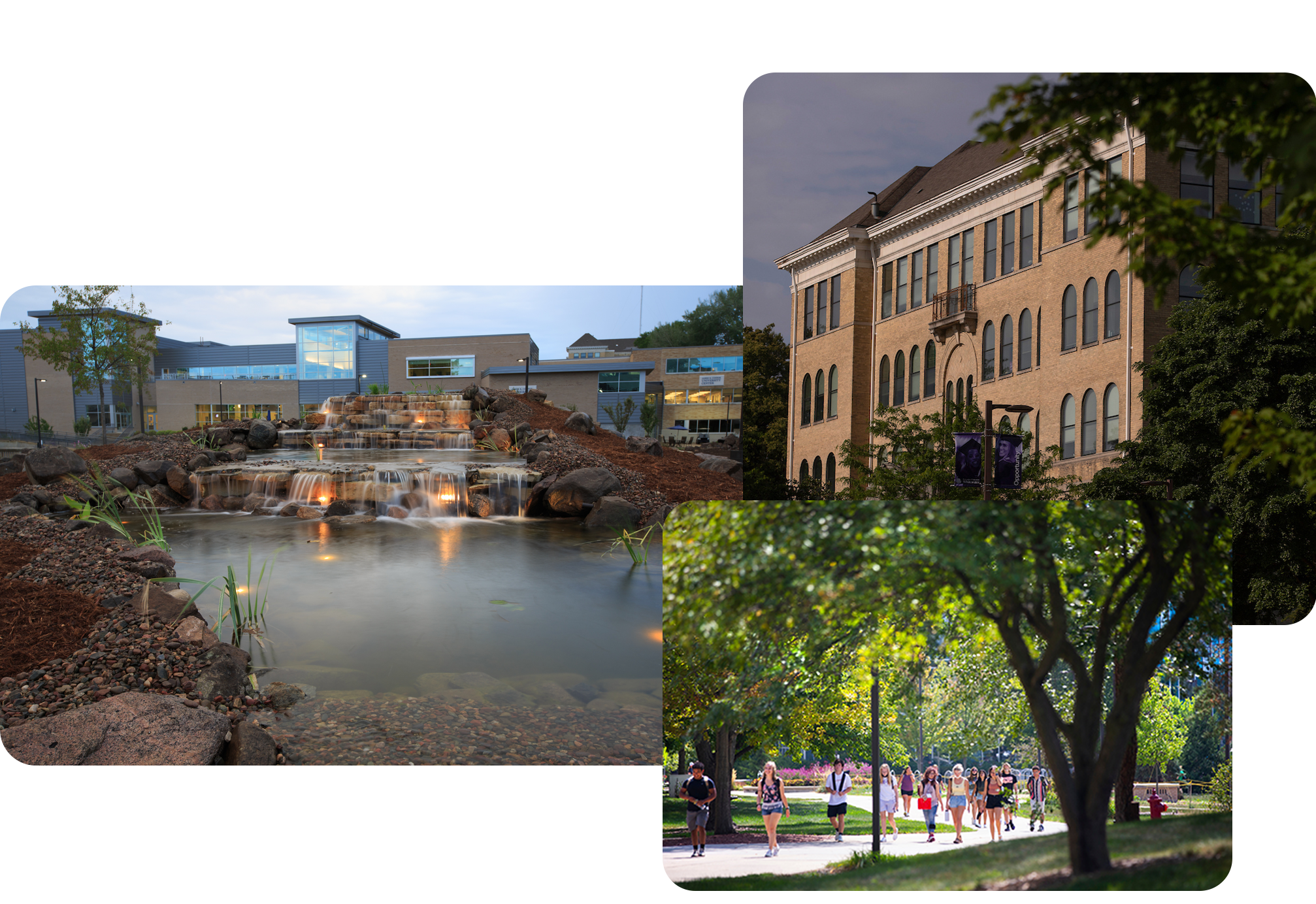 Collage of multiple scenes on the UW-Whitewater campus including the University Mall, Hyer Hall, and students walking through campus.