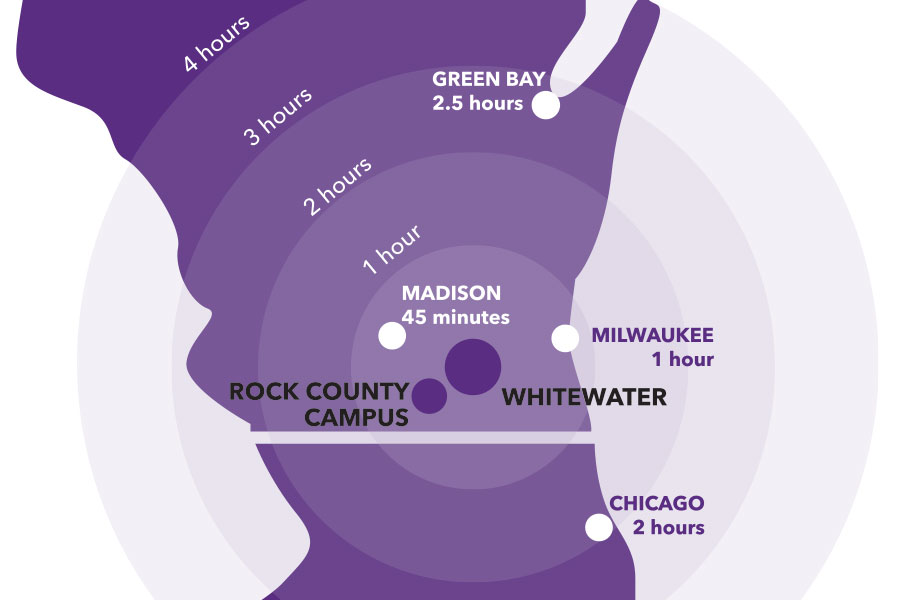 Map showing nearby cities in Wisconsin and Illinois.