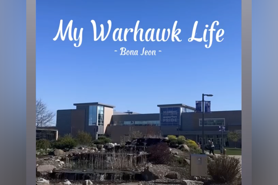 A screenshot from an Instagram story showing blue sky and the University Center with a title of My Warhawk Life written on the top.