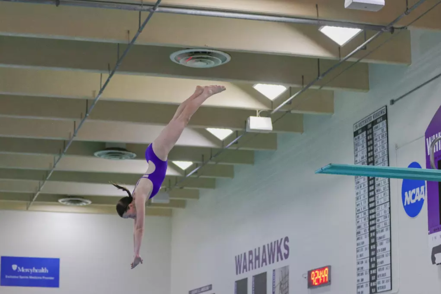 A group of swimmers jumping simultaneously into an indoor pool.