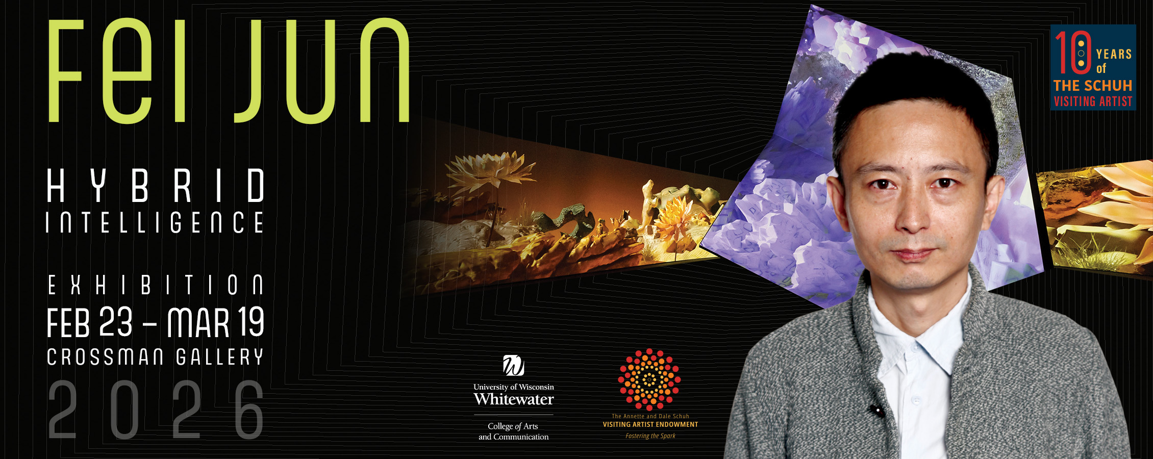 A black graphic with a photo of a man and the words Fei Jun.