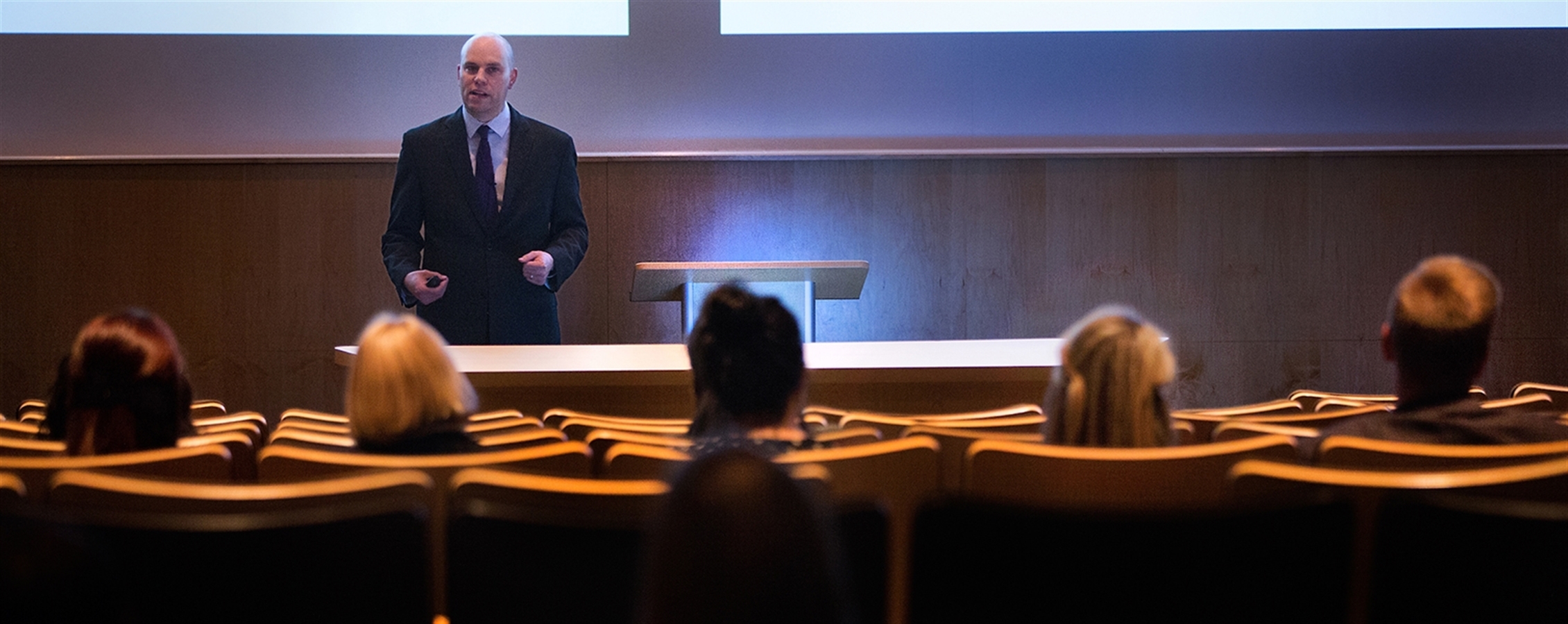 Andy Dahl giving a presentation in Hyland Hall