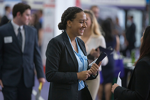 Finance student Amanda Battle seeks a summer internship at the UW-Whitewater Hawk Career Fair.