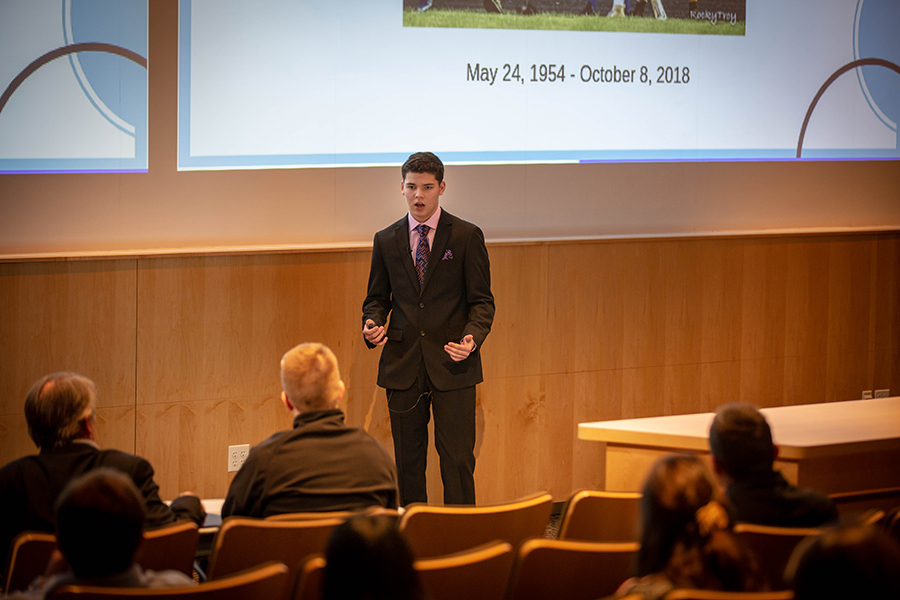 Trent Hernandez of Delavan-Darien High School pitched his startup idea to earn first place at the UW-Whitewater Midwest High School Pitch Competition.