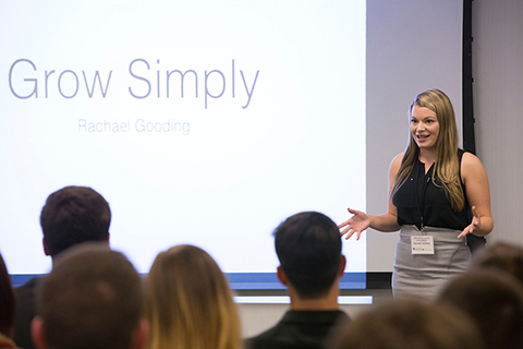 Elevator Pitch contestant Rachael Gooding makes her elevator pitch to the crowd.