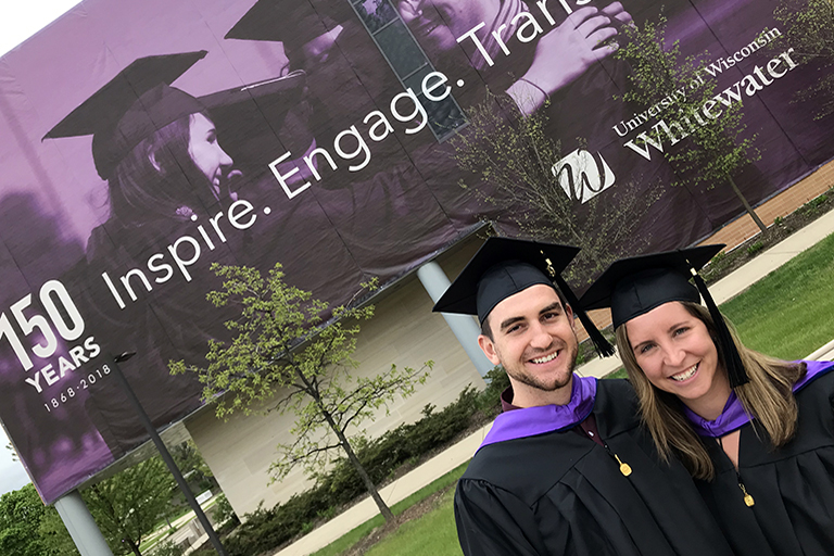 Despite 50 to 70-hour work weeks, 38 weekends of travel a year, and a one-year-old son at home, Ebert completed his degree in less than 18 months. Greg, right, is pictured with fellow UW-Whitewater alumnus Matt Hein ’01, left, friend Clint Anderson, and UW-Whitewater alumnus Ryan Helser ’02 in Kansas City, Kansas on May 9, 2015.