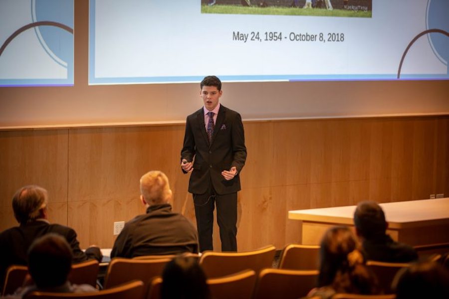 Trent Hernandez of Delavan-Darien High School pitched startup InflataFLAP to earn first place at the 2019 Midwest High School Pitch competition. (UW-Whitewater photo)