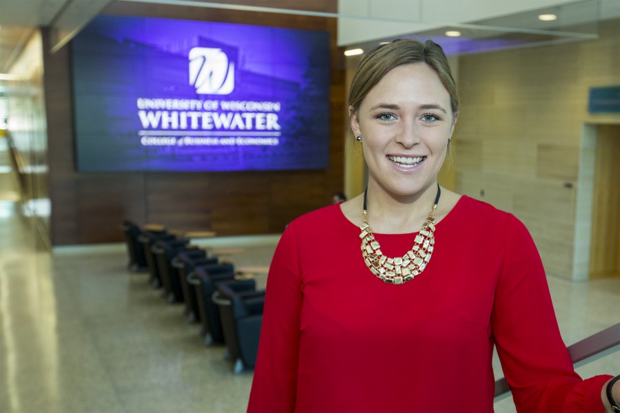 Senior accounting major Karley Kolberg relates her experiences with local and international internships through the UW-Whitewater College of Business and Economics. (UW-Whitewater photo/Jonathon Kelley)