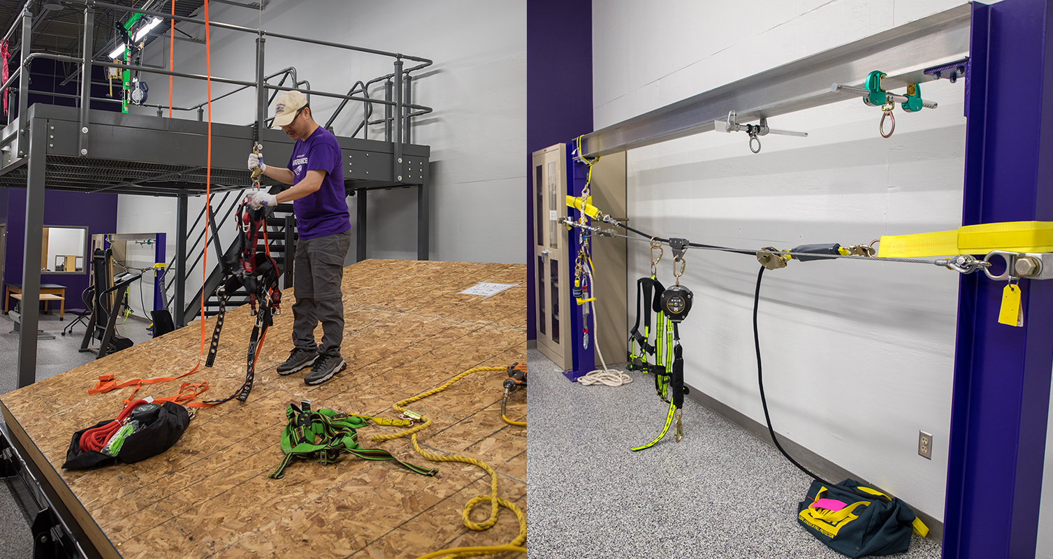 Professor Sang Choi adjusts a safety harness in the Safety Lab in the UW-Whitewater Community Engagement Center