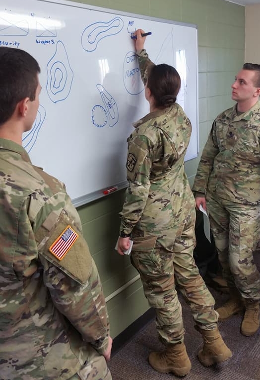 Students in uniform drawing strategy on a whiteboard