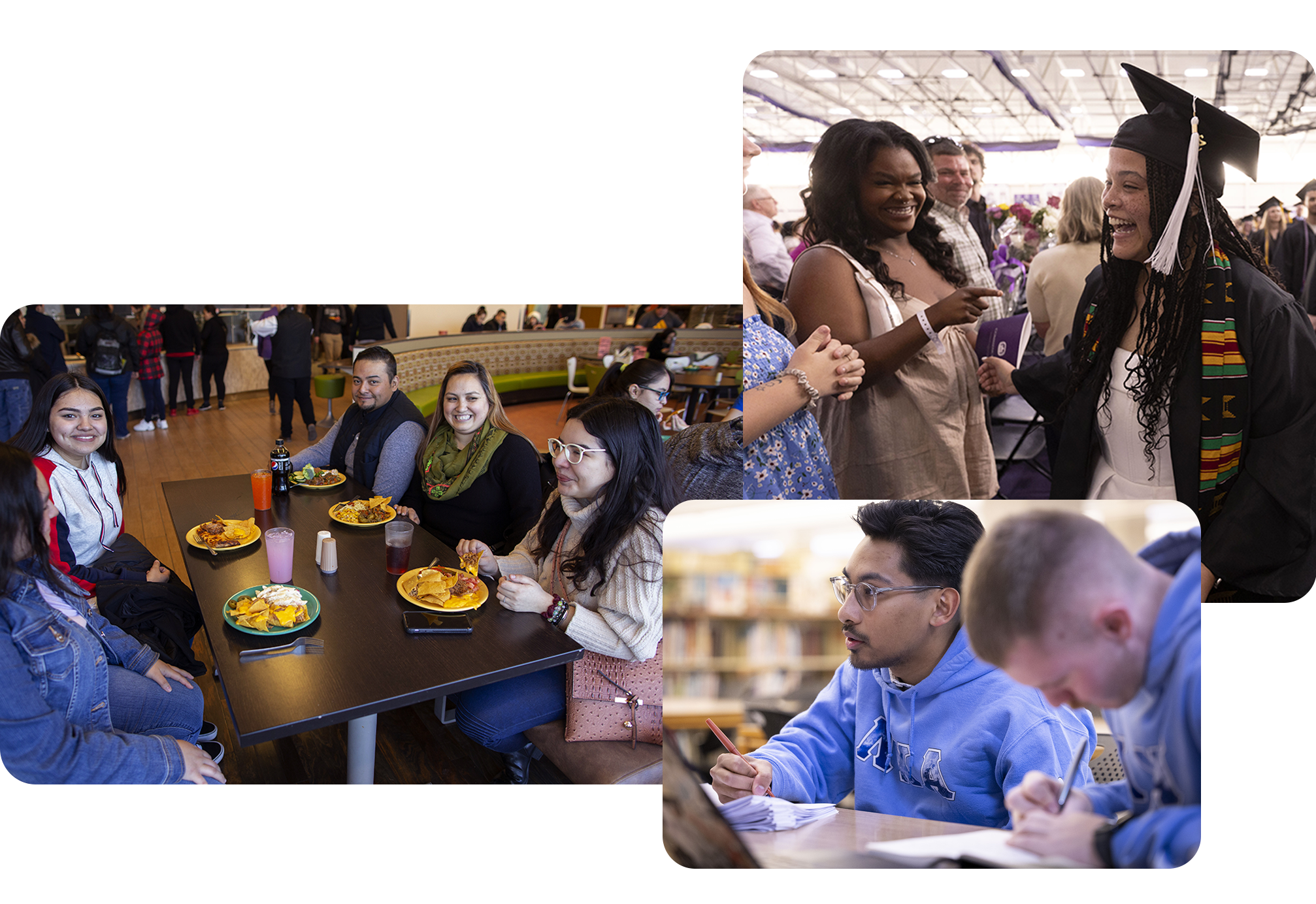 Una familia comiendo en un puesto en un comedor del campus.