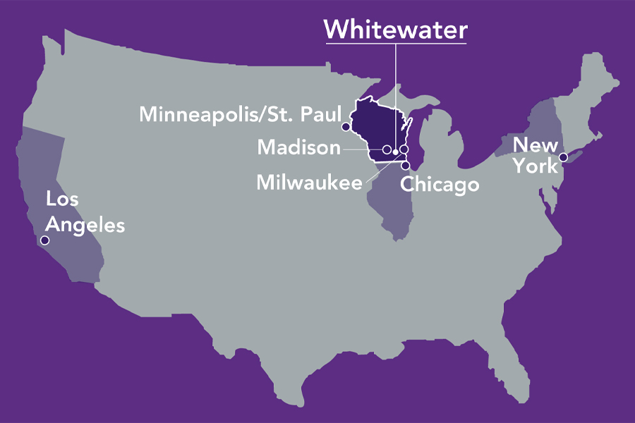 A graphic of the United States showing locations for Los Angeles, Minneapolis, Madison, Milwaukee, Chicago, Whitewater and New York