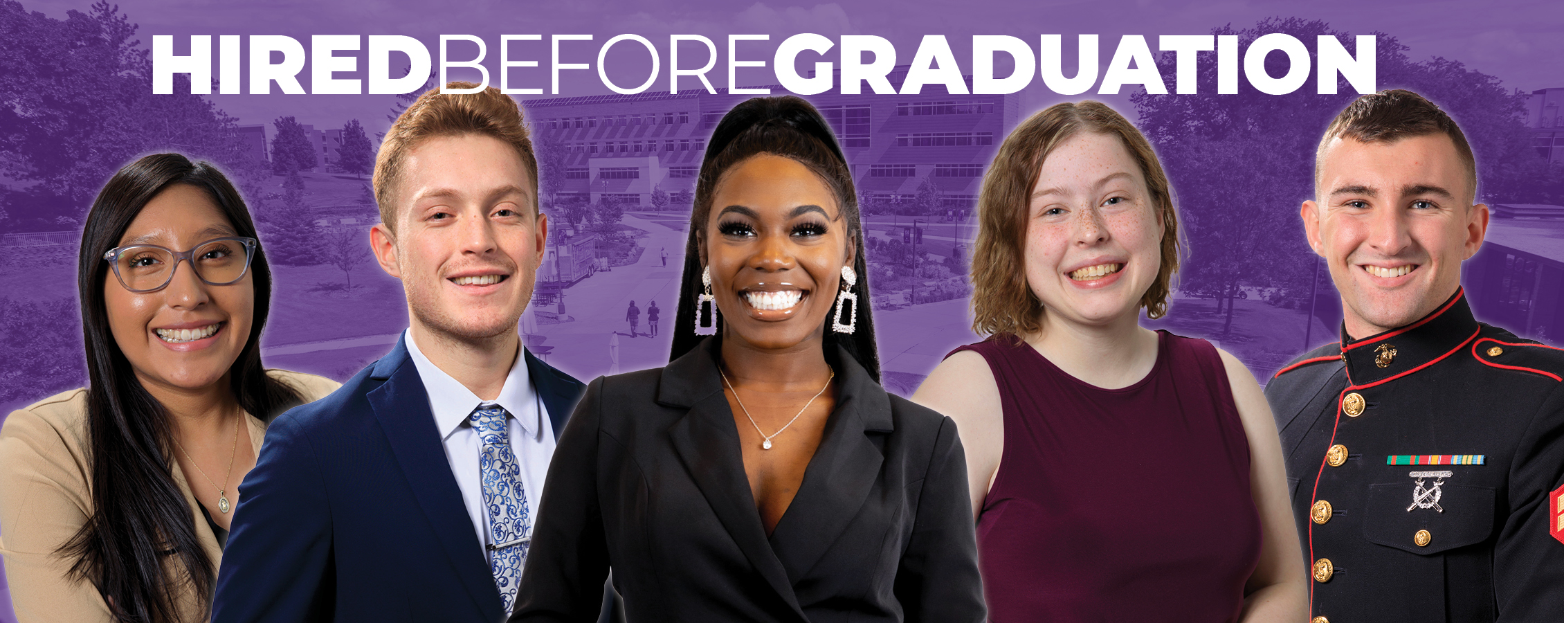 A group of students pose on a purple background with text that says Hired Before Graduation.