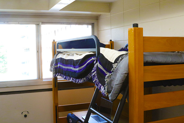 A bed that has been lofted off the ground. There is a ladder leading to the bed, and a desk with a laptop on it under the bed.