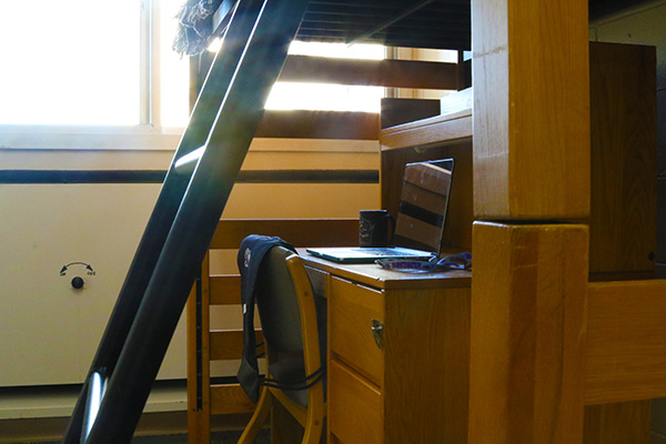 Underneath a lofted bed, there is a desk with a laptop ontop of it.