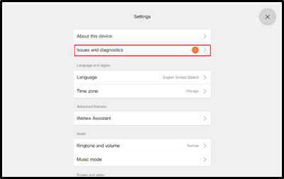 Webex settings with a red box around "Issues and Diagnostics"