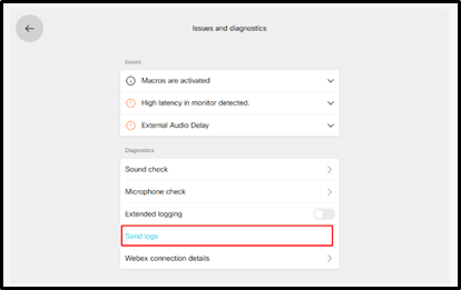 Webex system and diagnostics screen with a red box around "Send Logs"