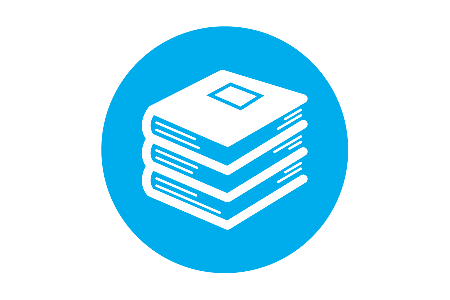 Circular blue icon with books and reports in it