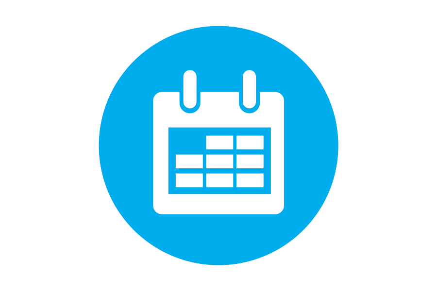 Circular blue icon with a calendar in it