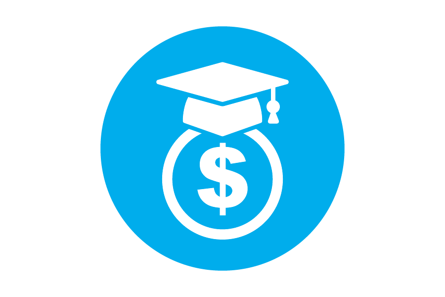 Icon of a graduation cap with a dollar sign.