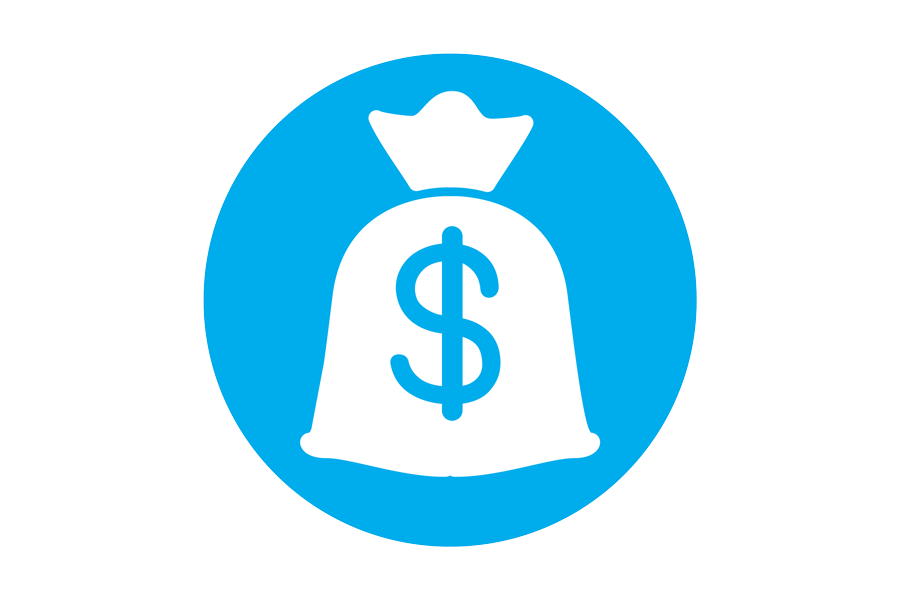 Circular blue icon with a picture of a bag with money in it