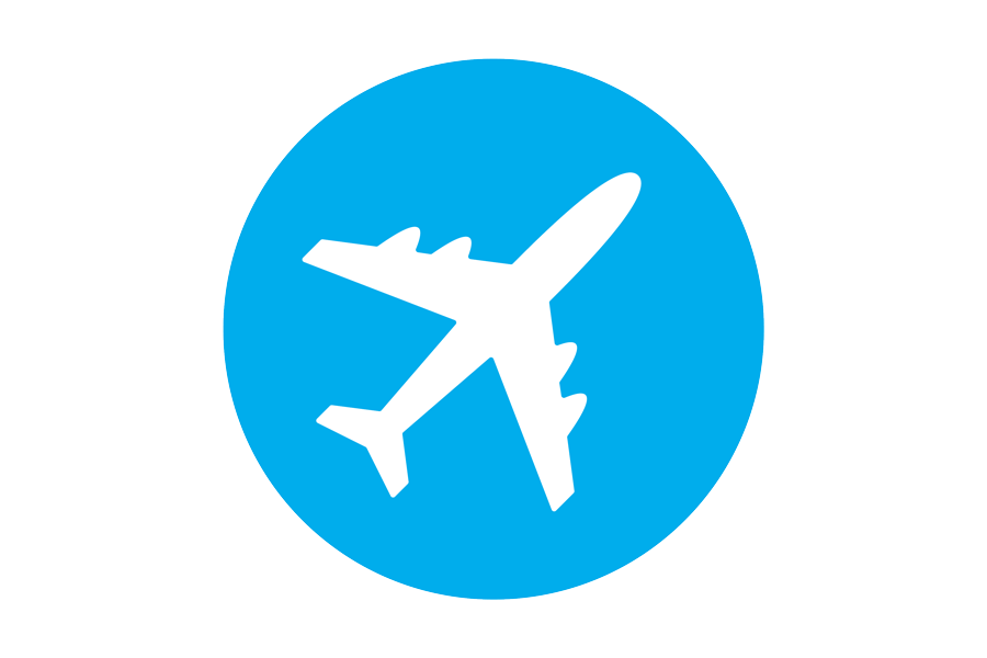 Blue icon of a white plane.