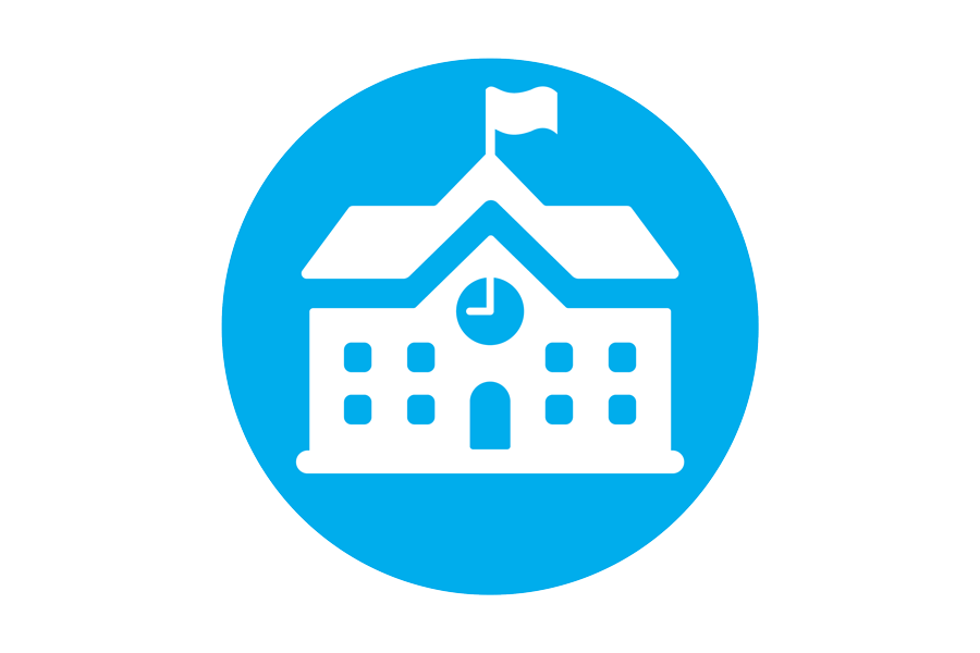 Icon of a school building on a blue background.