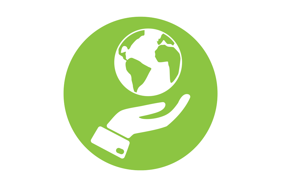 Green round icon of a hand with a globe above it