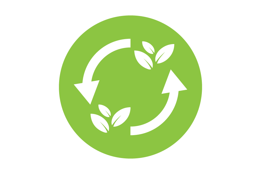 Green circular icon with two small bunches of leaves and circular arrows pointing to them.