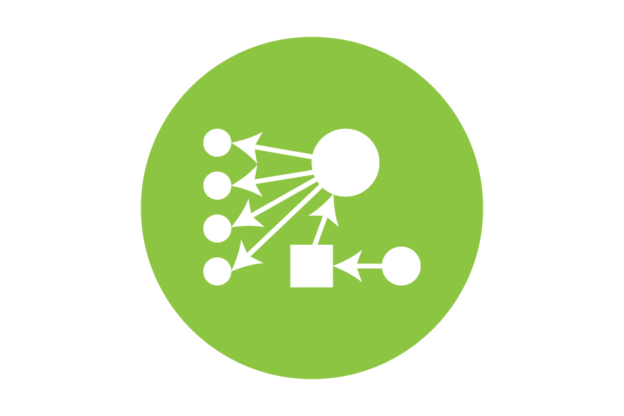 Green icon of shapes with arrows leading to other shapes.
