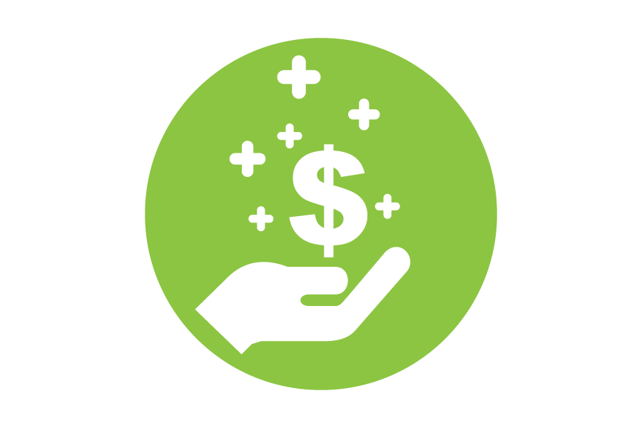 Hand with dollar sign above it icon inside green circle.