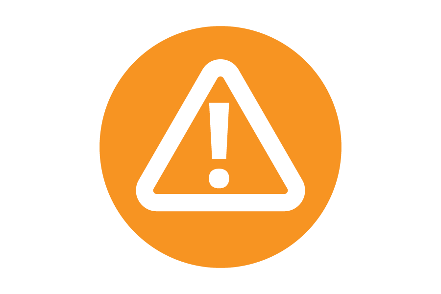 Round orange icon with a white triangle and exclamation point.