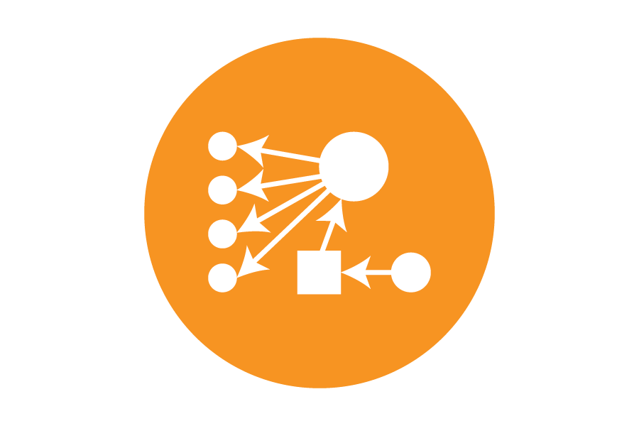 Icon of a line graph with circles and arrows on an orange background.