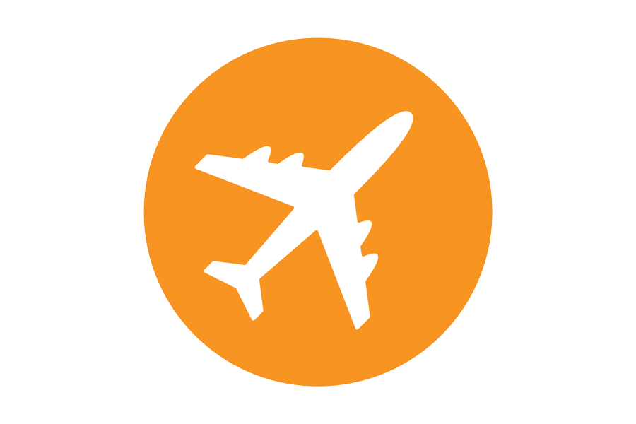 Graphic of a white plane on an orange background.