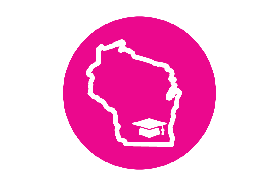 Circular pink icon with an outline of Wisconsin and a graduate hat where Whitewater is located