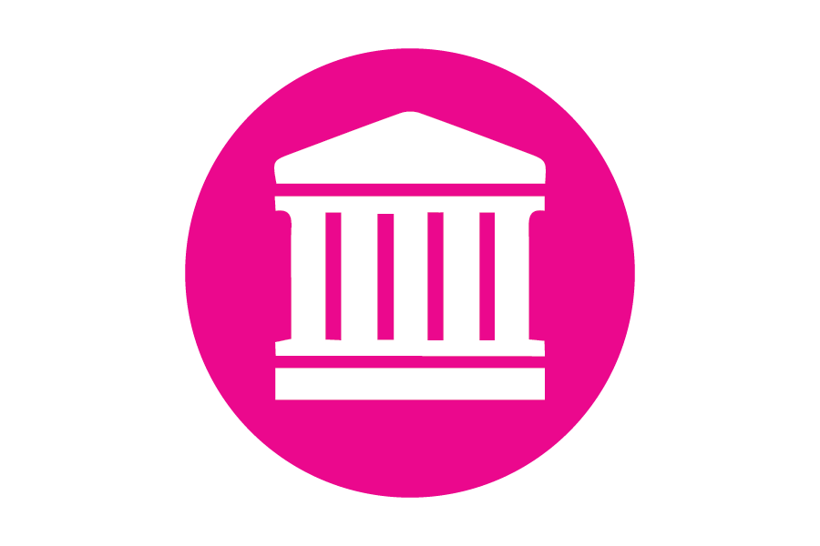 Courthouse icon in pink circle.