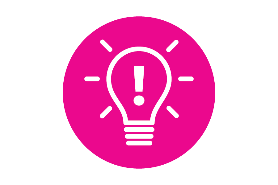 Icon of a white light bulb on a pink background.